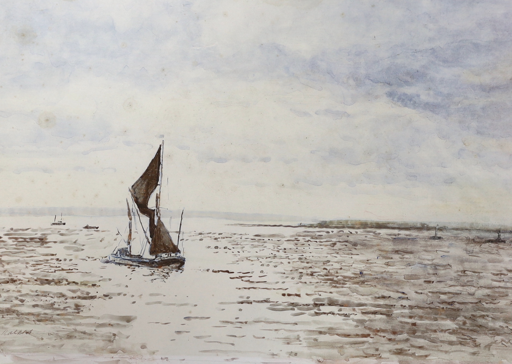 Harry Ralphs (Wapping Group), watercolour, Sail barge off the coast, signed, 27 x 39cm